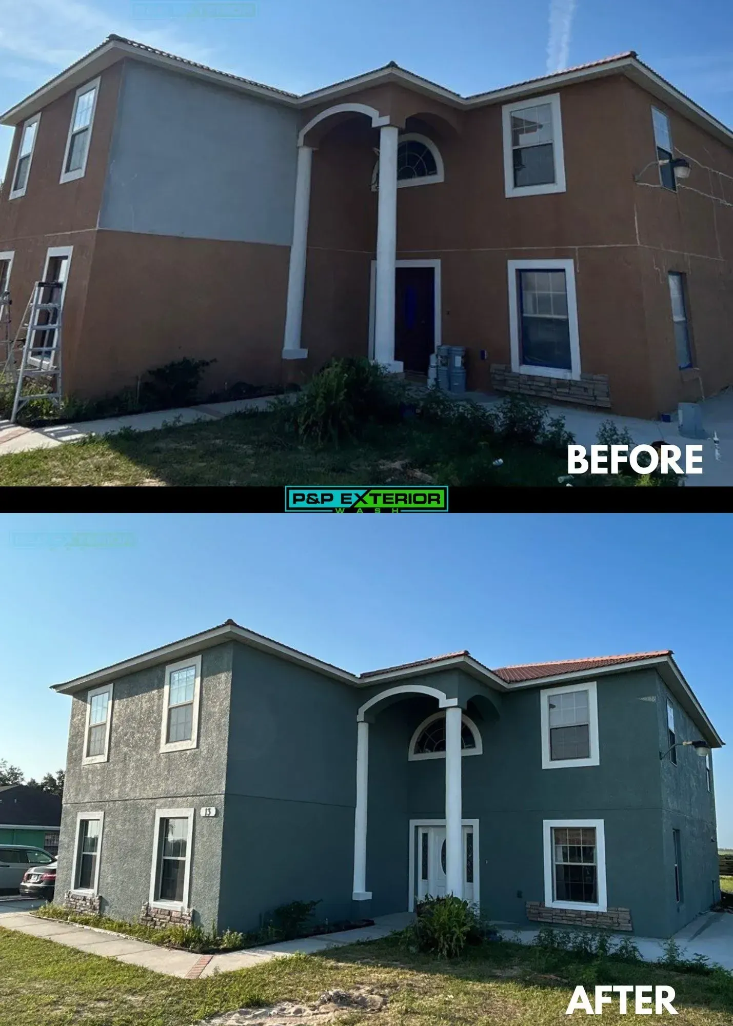 A before and after picture of a house being painted.