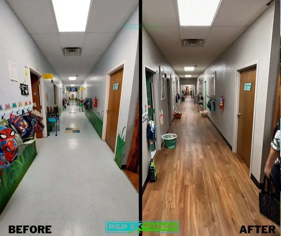 A before and after photo of a hallway with wood floors.