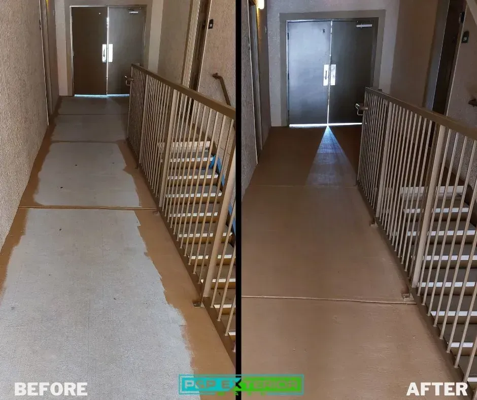 A before and after photo of a hallway with stairs
