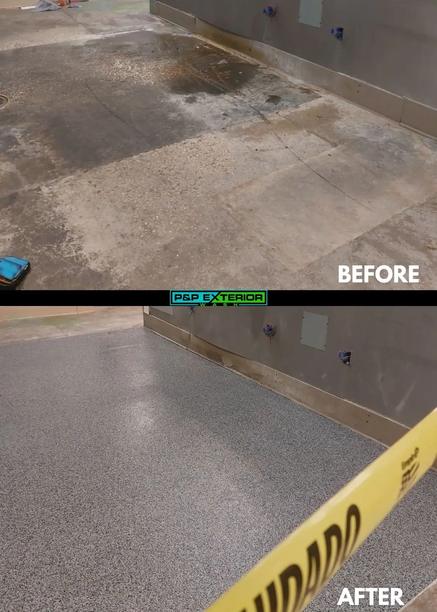 A before and after photo of a concrete floor