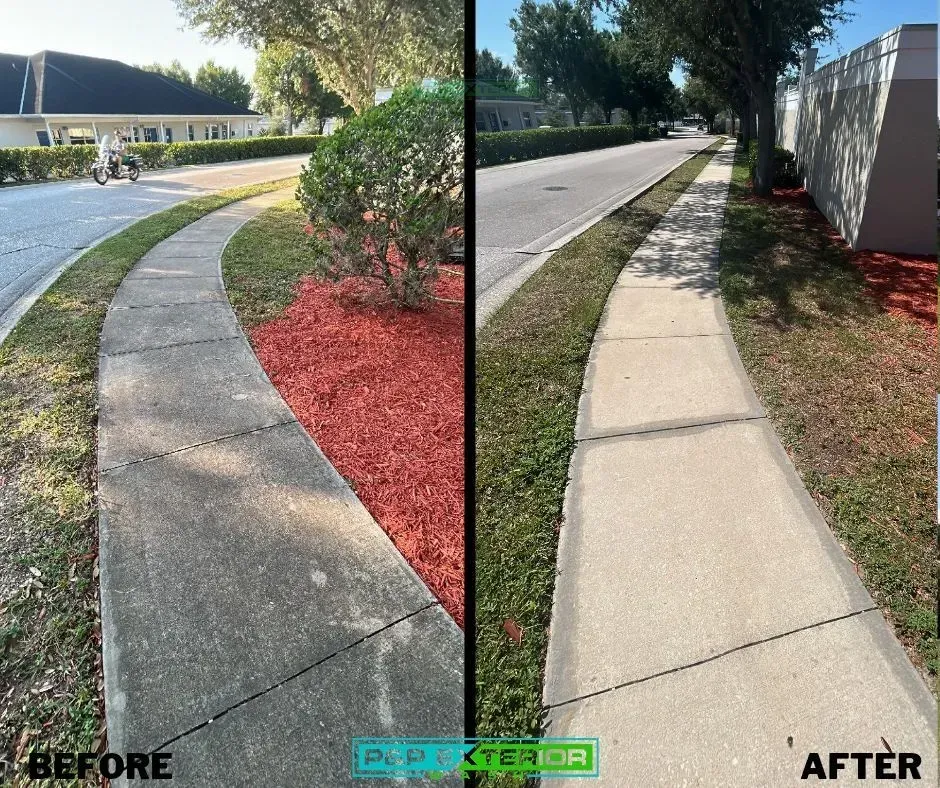 A before and after photo of a sidewalk with red mulch