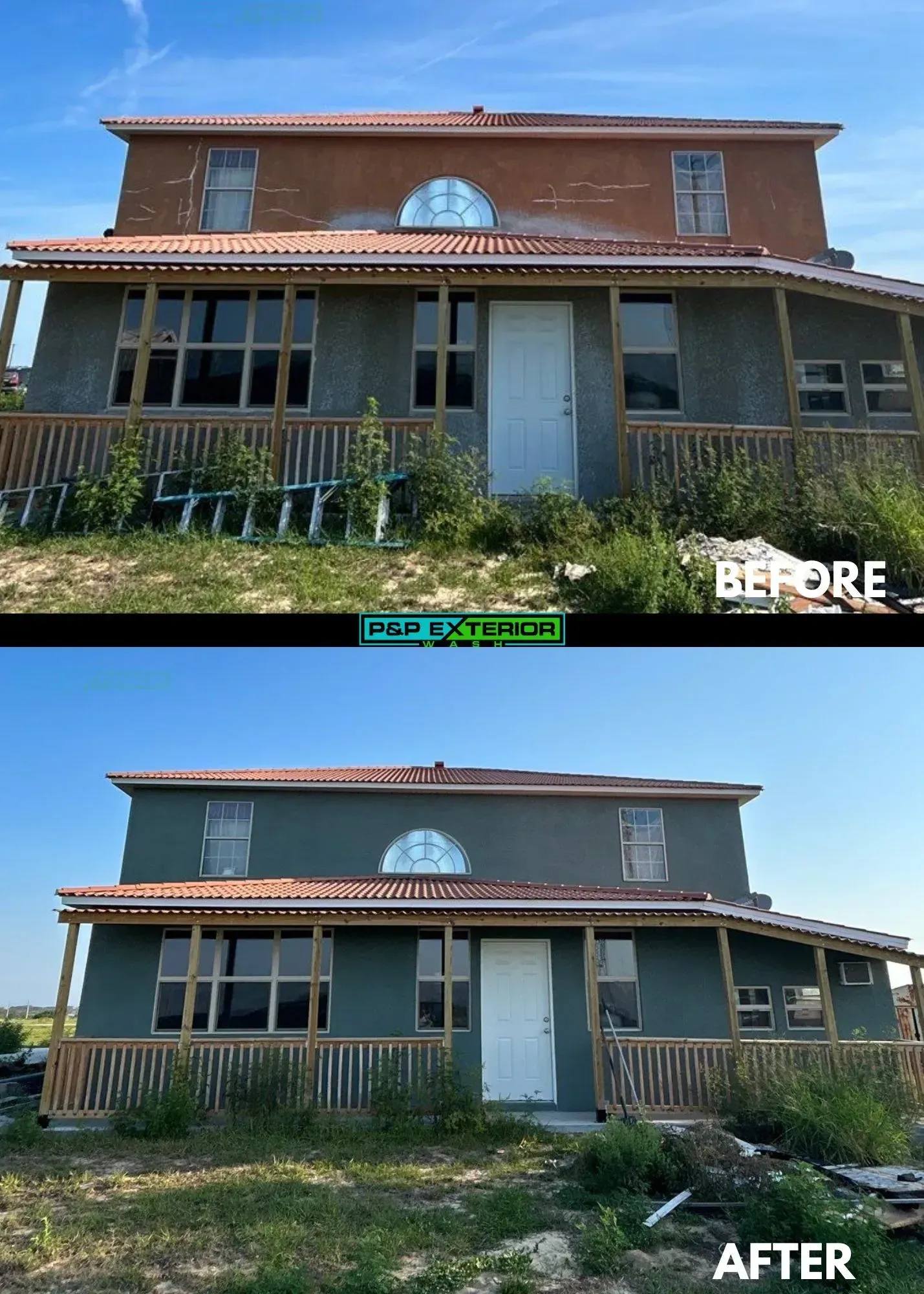 A before and after picture of a house that has been painted green.