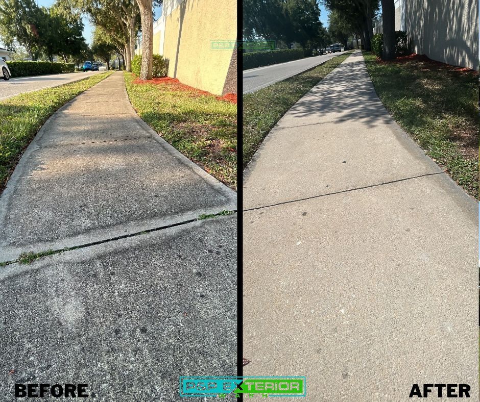A before and after photo of a sidewalk.