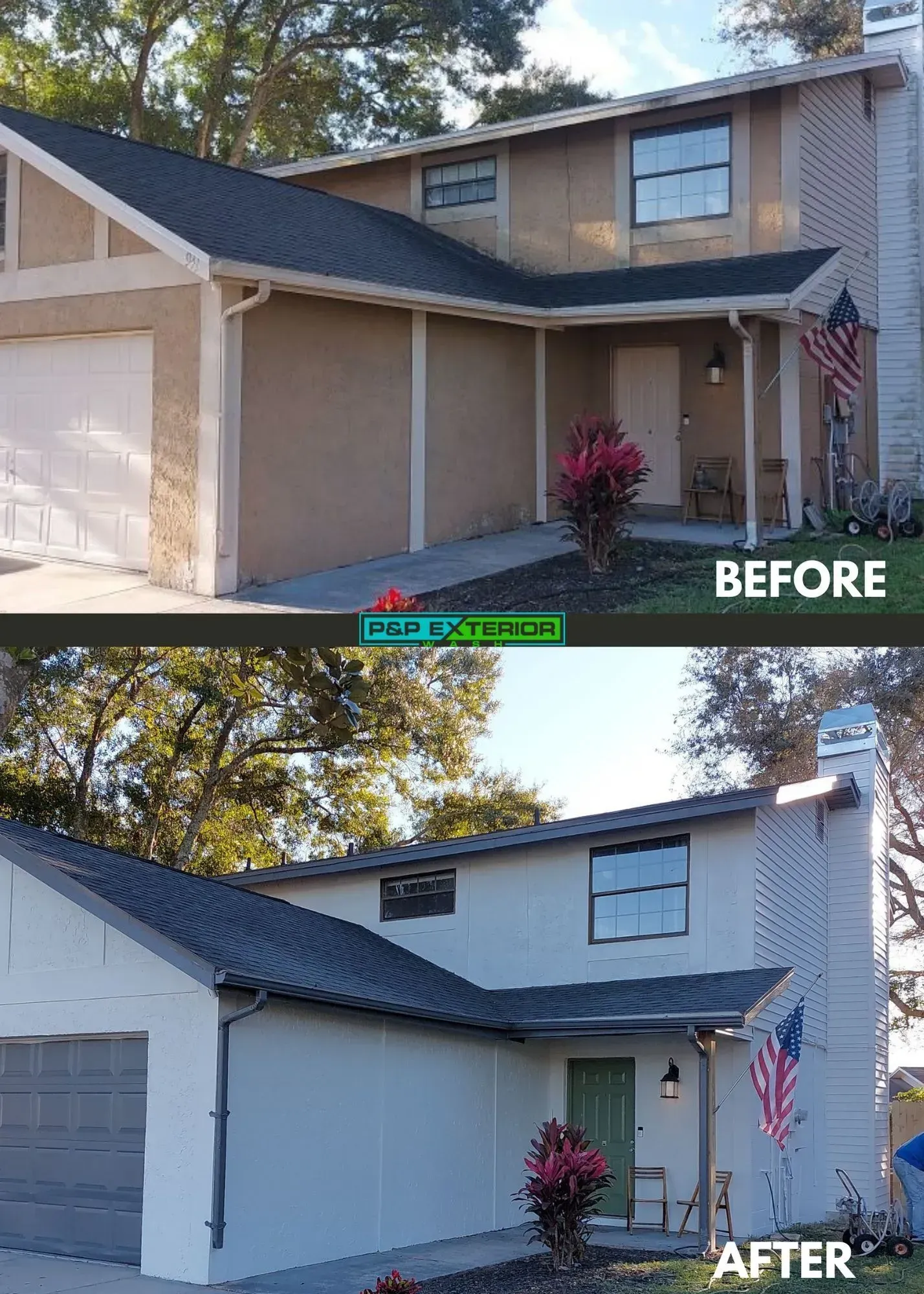 A before and after picture of a house that has been painted white.