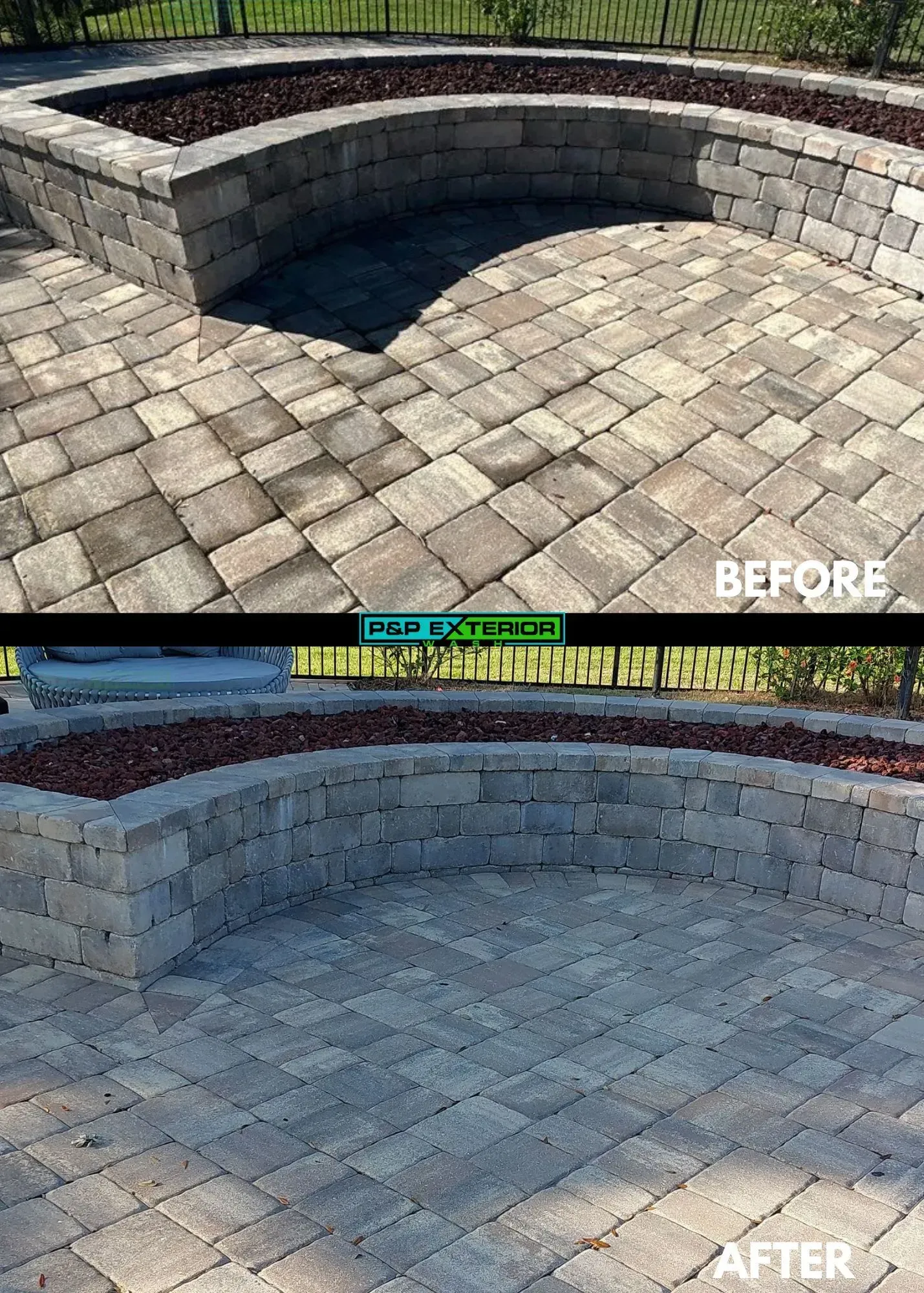A before and after photo of a brick patio.