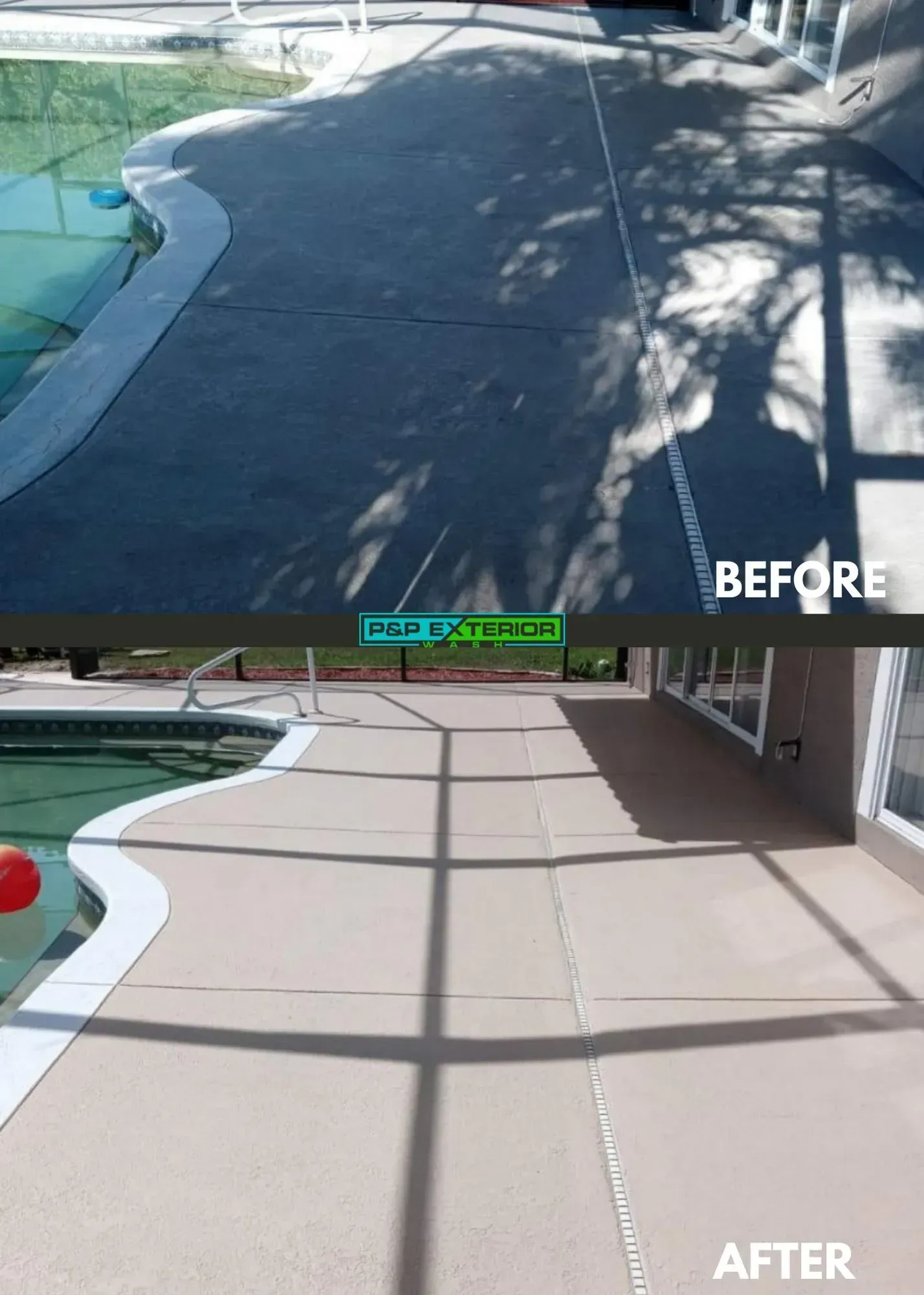 A before and after photo of a concrete walkway next to a pool.