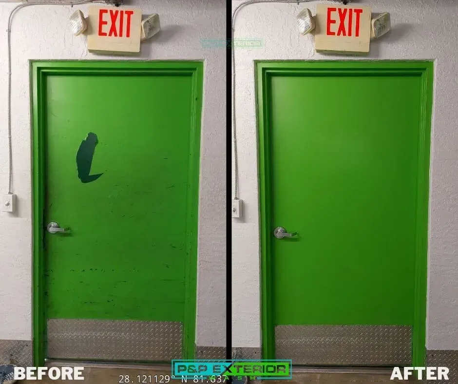 A before and after photo of a green exit sign