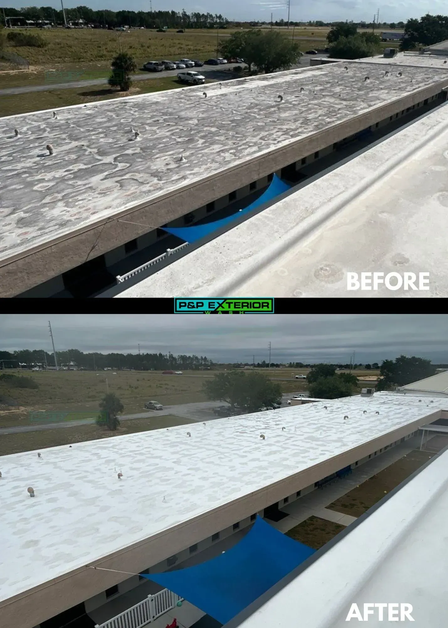 A before and after picture of a roof with a blue tarp on it.