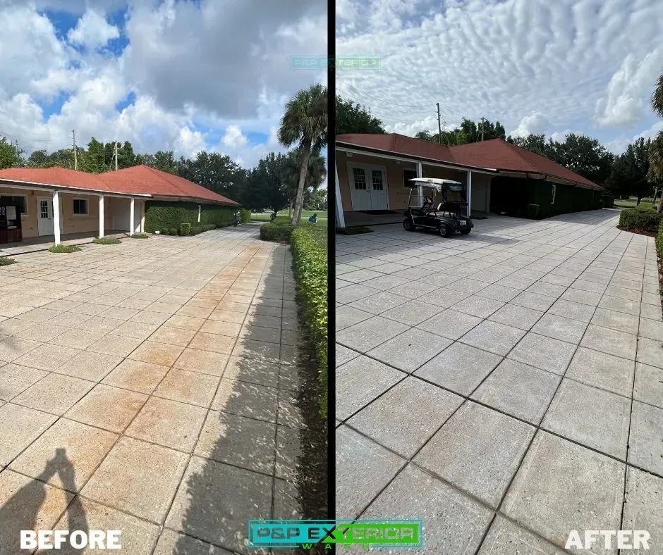 A before and after photo of a driveway with a golf cart parked in front of a house.