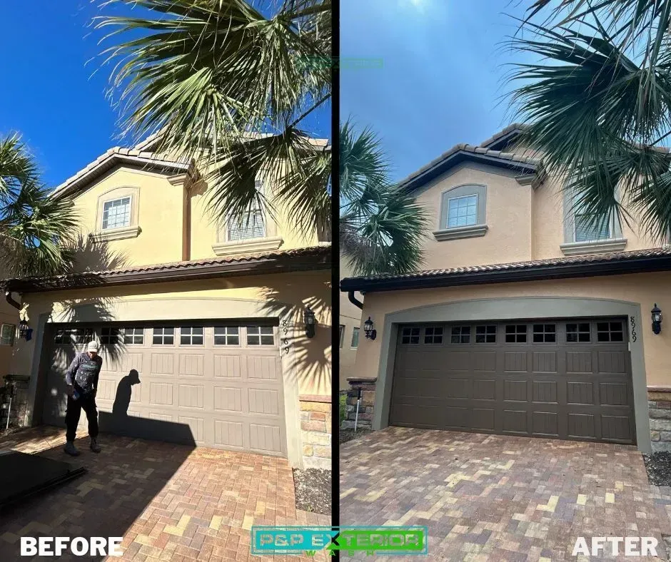 A before and after photo of a house with a garage door.
