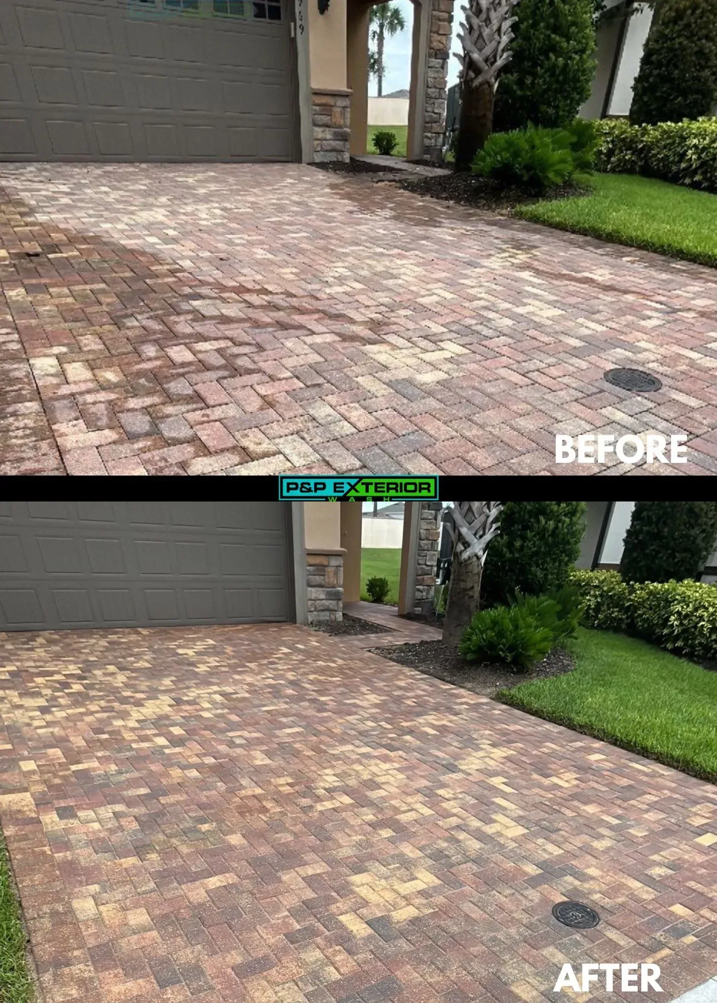 A before and after photo of a brick driveway.