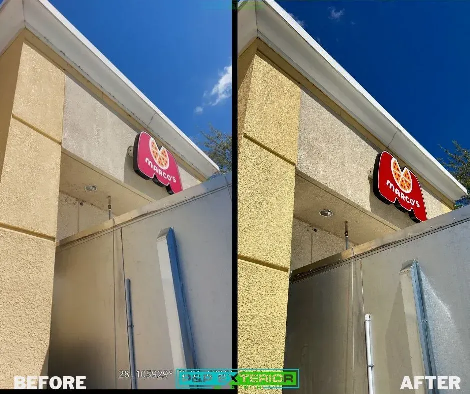 A before and after photo of a building with a sign on it