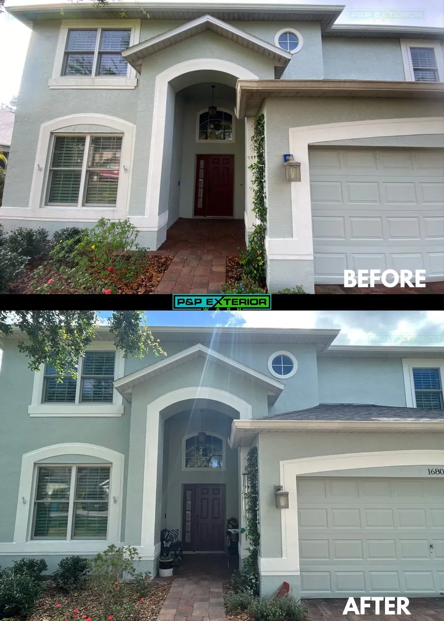 A before and after picture of a house that has been painted.