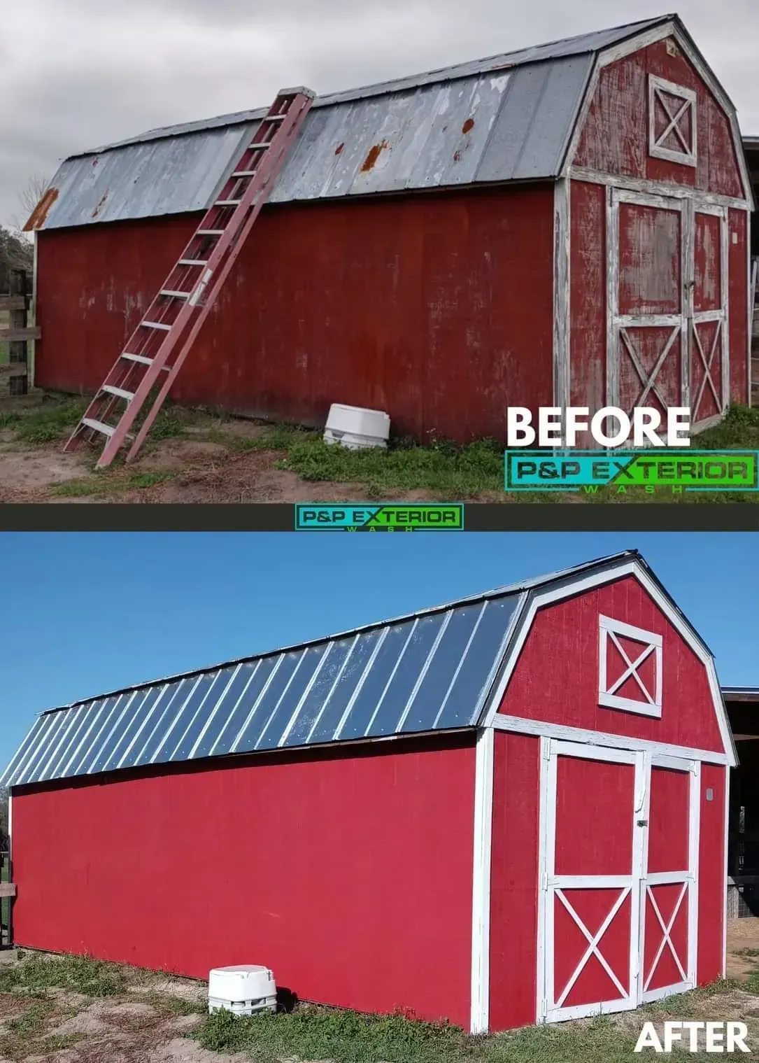 A before and after picture of a red barn with a metal roof.