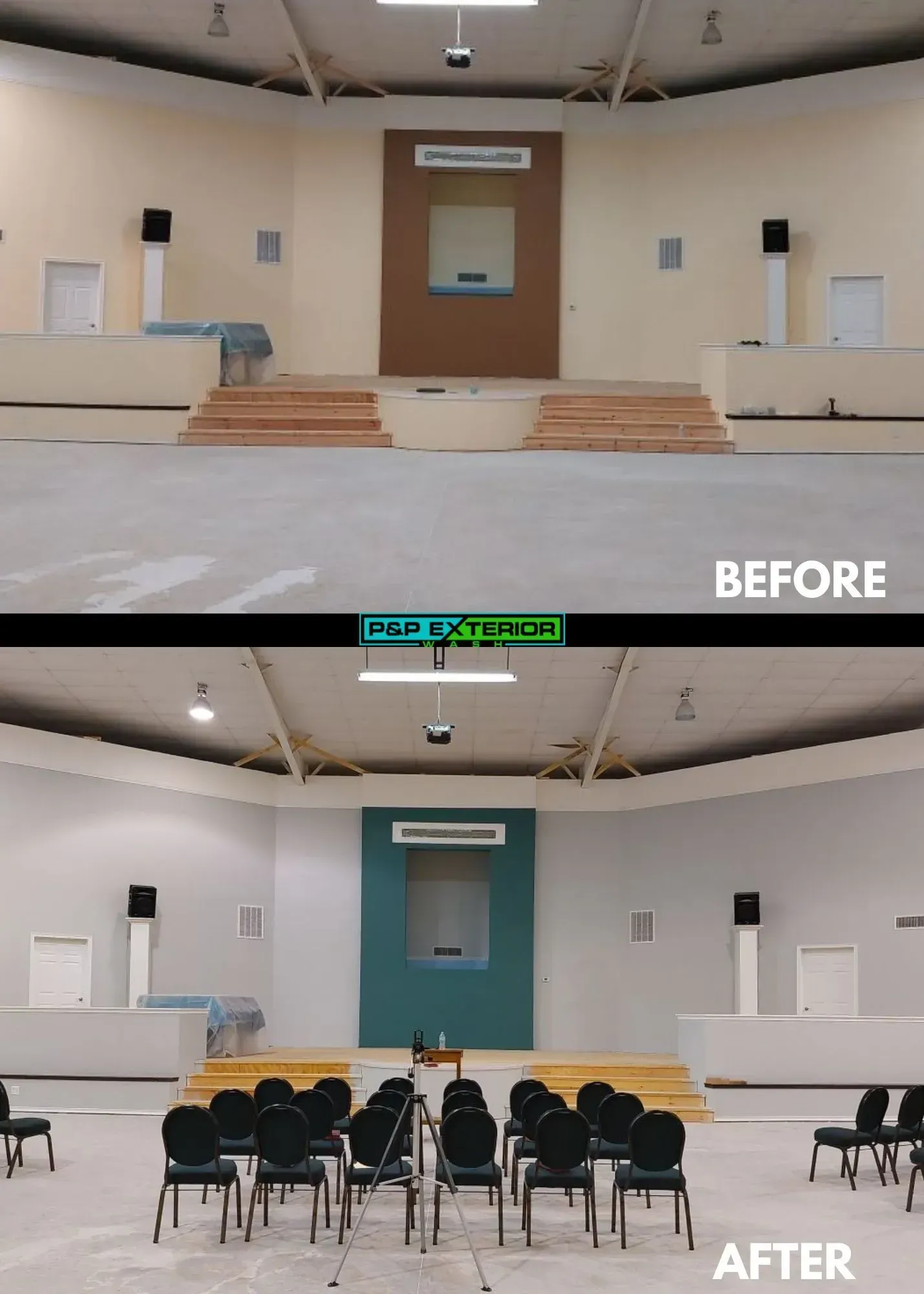 A before and after photo of a large room with chairs