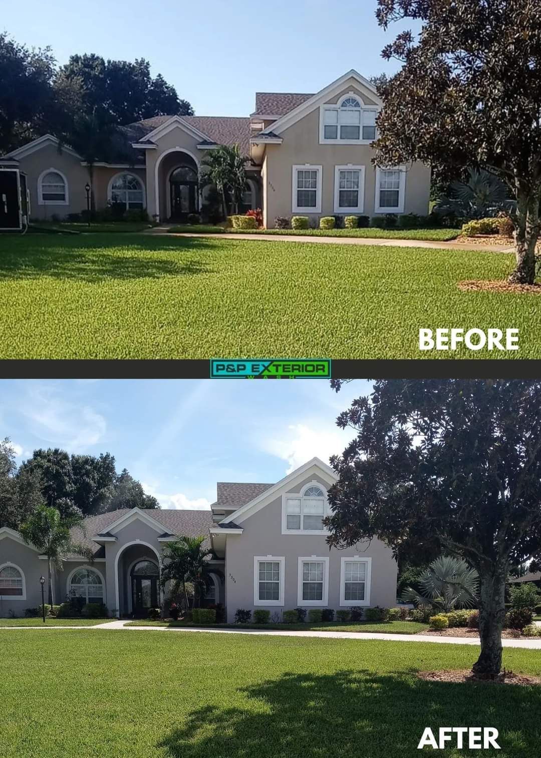 A before and after picture of a house with a lush green lawn.