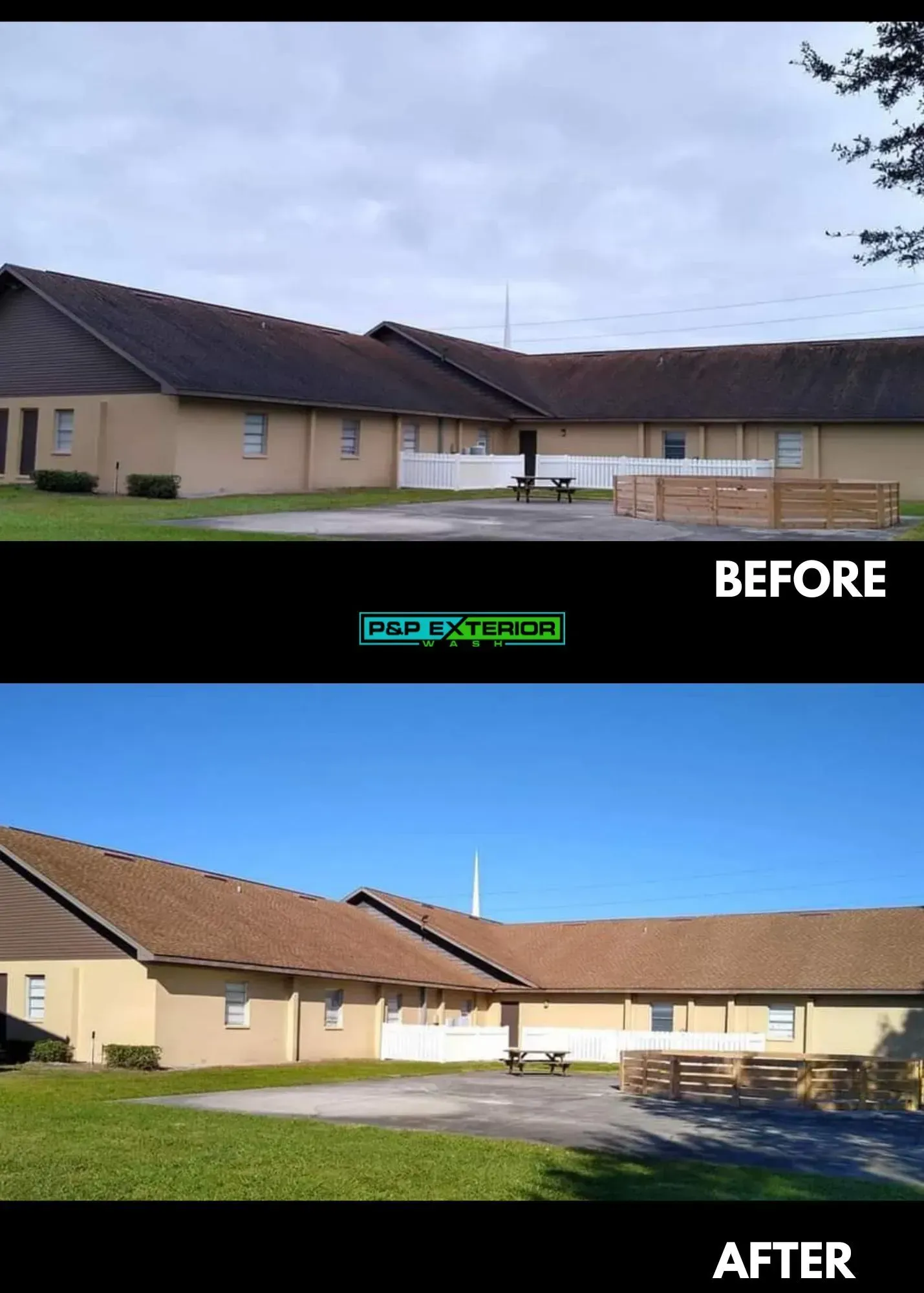 A before and after photo of a house with a brown roof