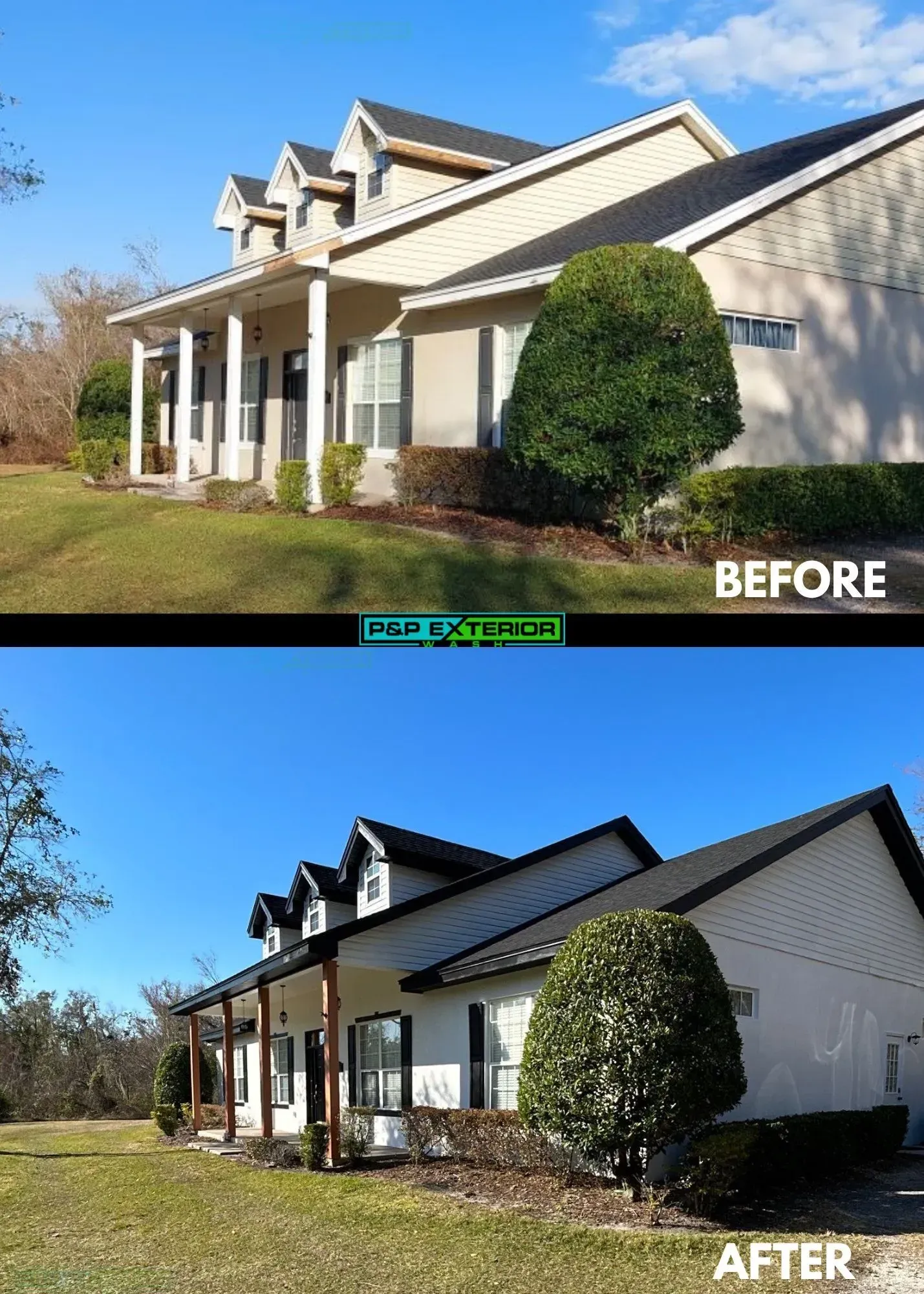 A before and after picture of a house with a porch