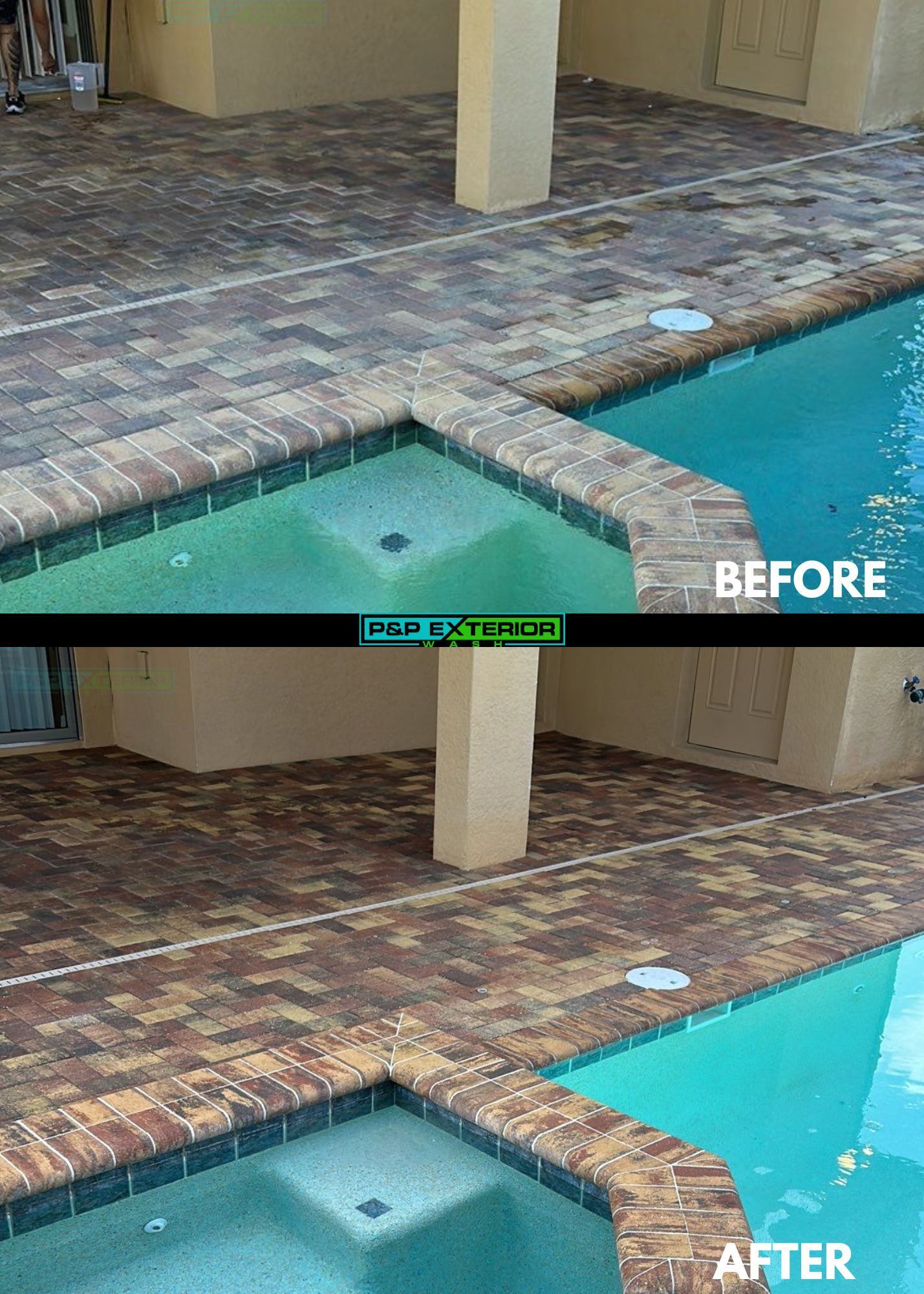 A brick patio with a swimming pool in the background.