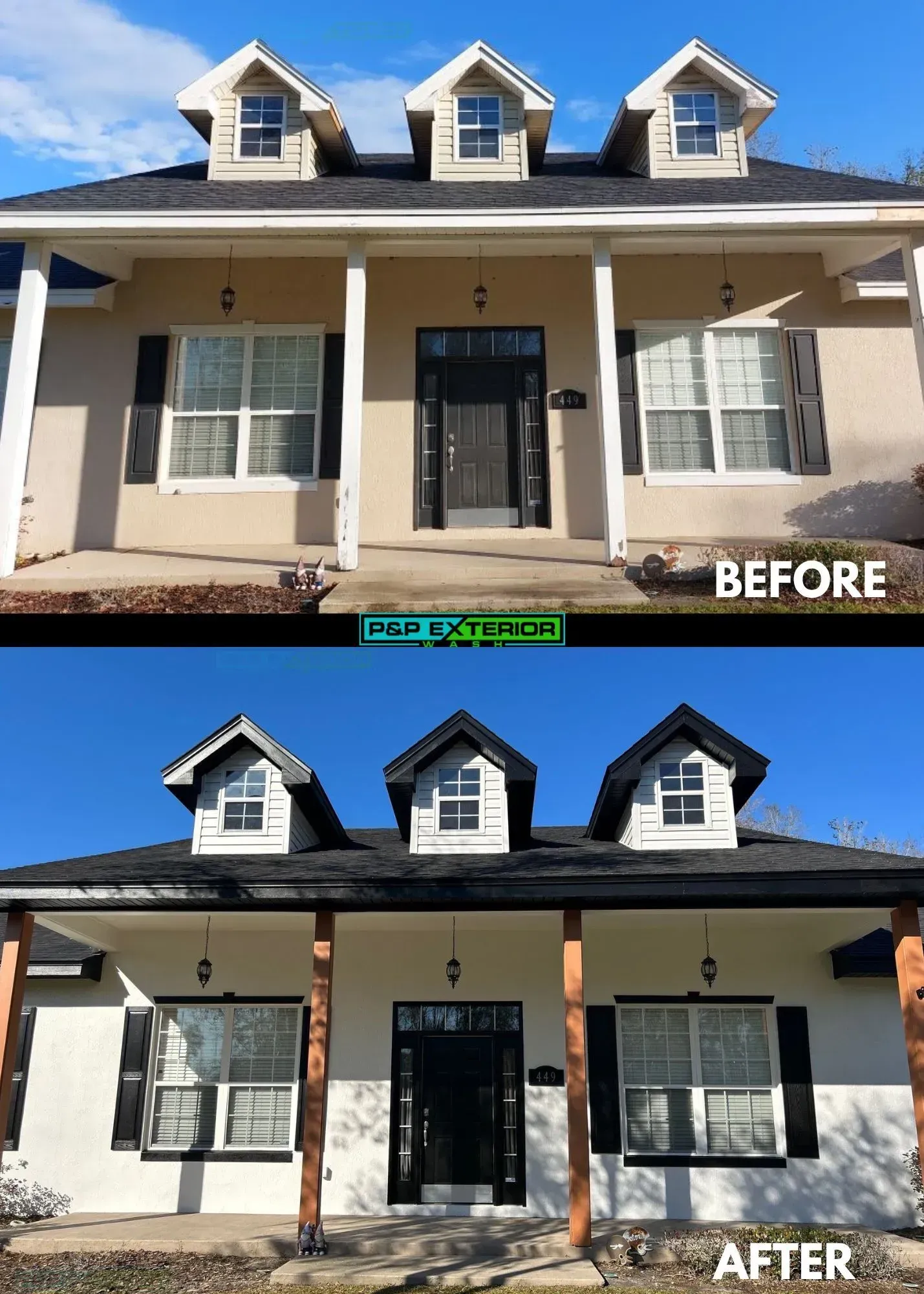 A before and after photo of a house with black shutters.