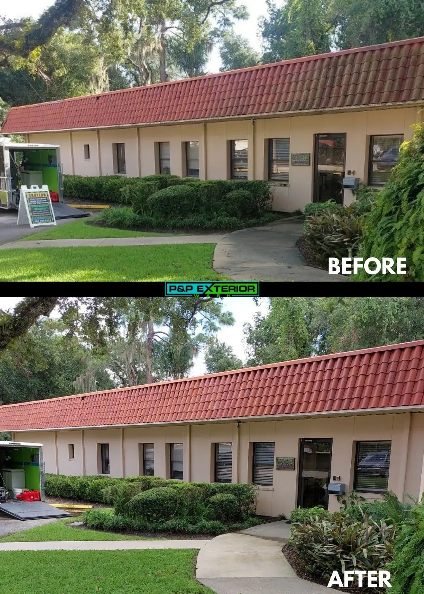 A before and after picture of a building with a red tile roof.