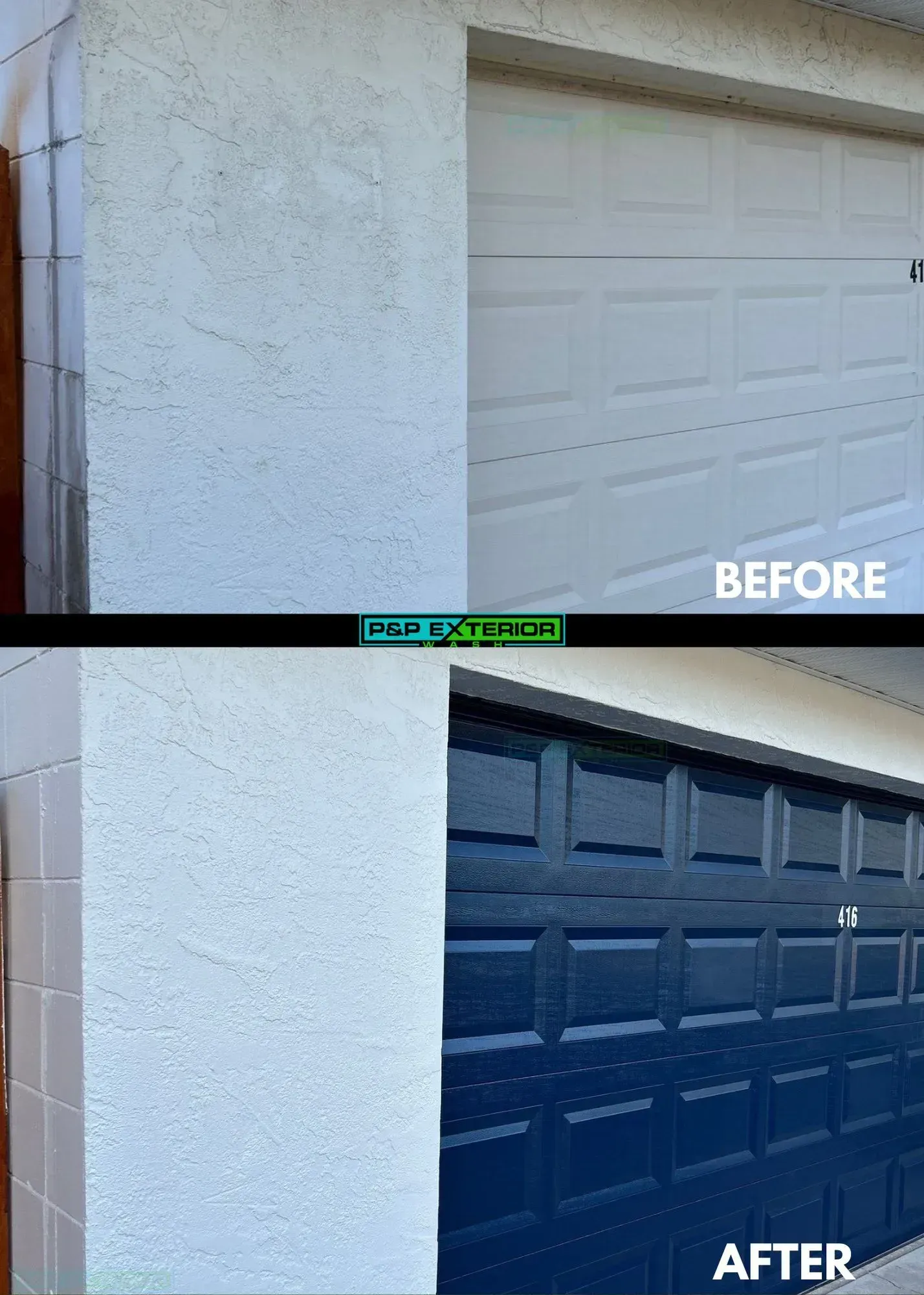 A before and after picture of a garage door being painted black.