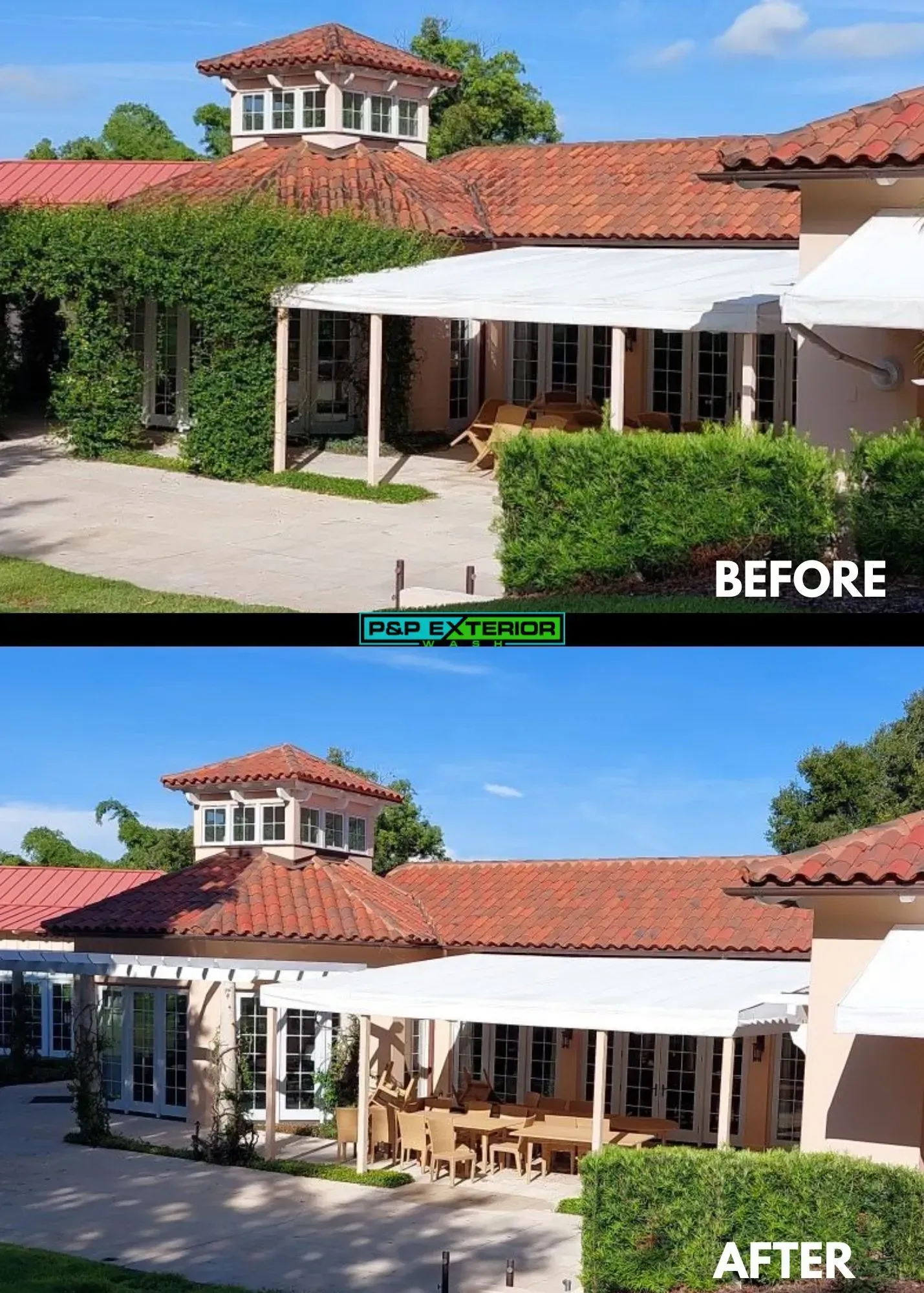 A before and after photo of a house with a white awning