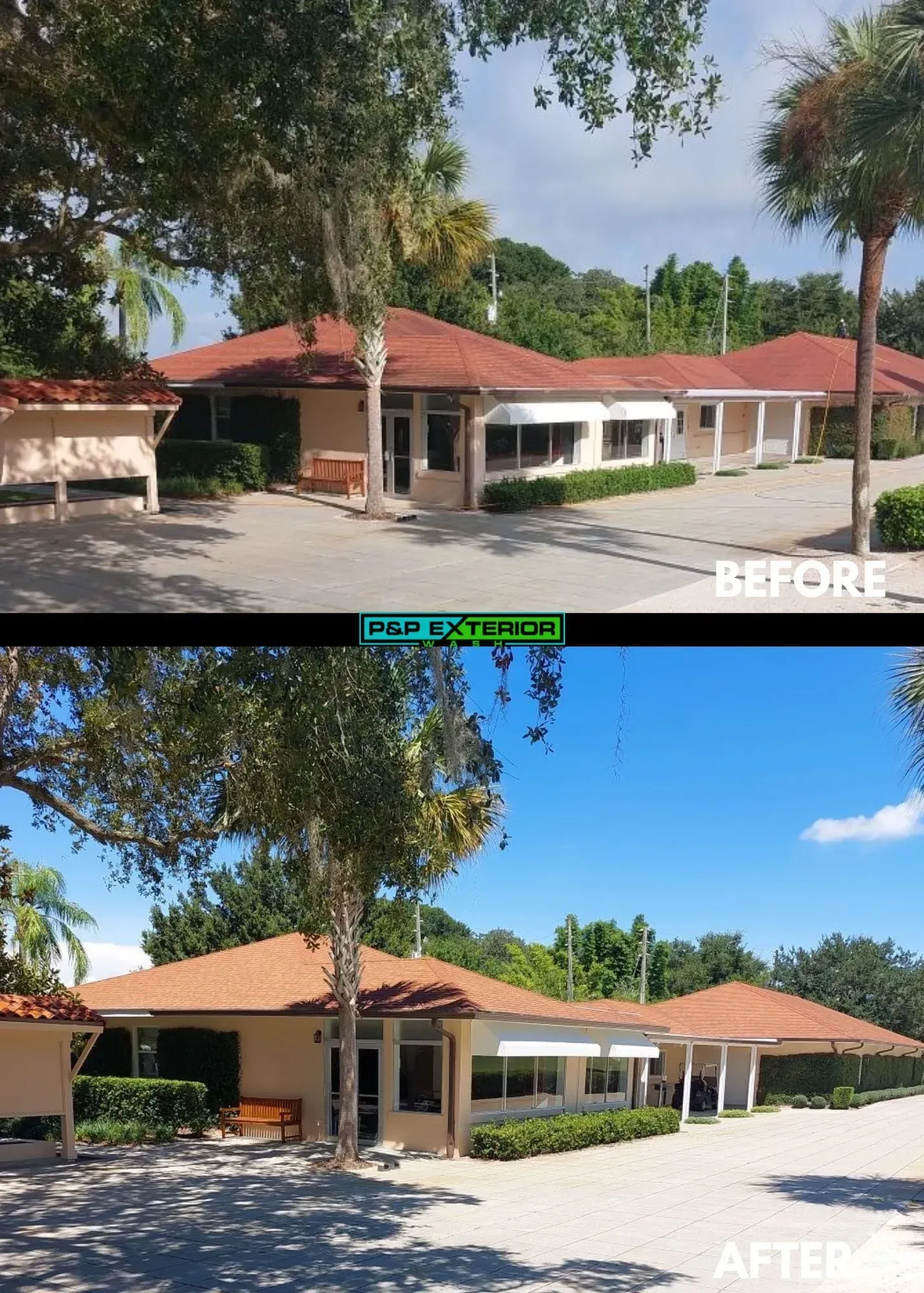 A before and after photo of a house with a red roof