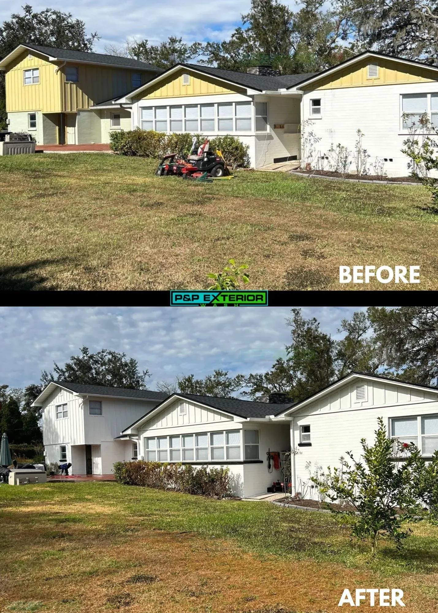 A before and after picture of a house with a lawn mower in the yard.