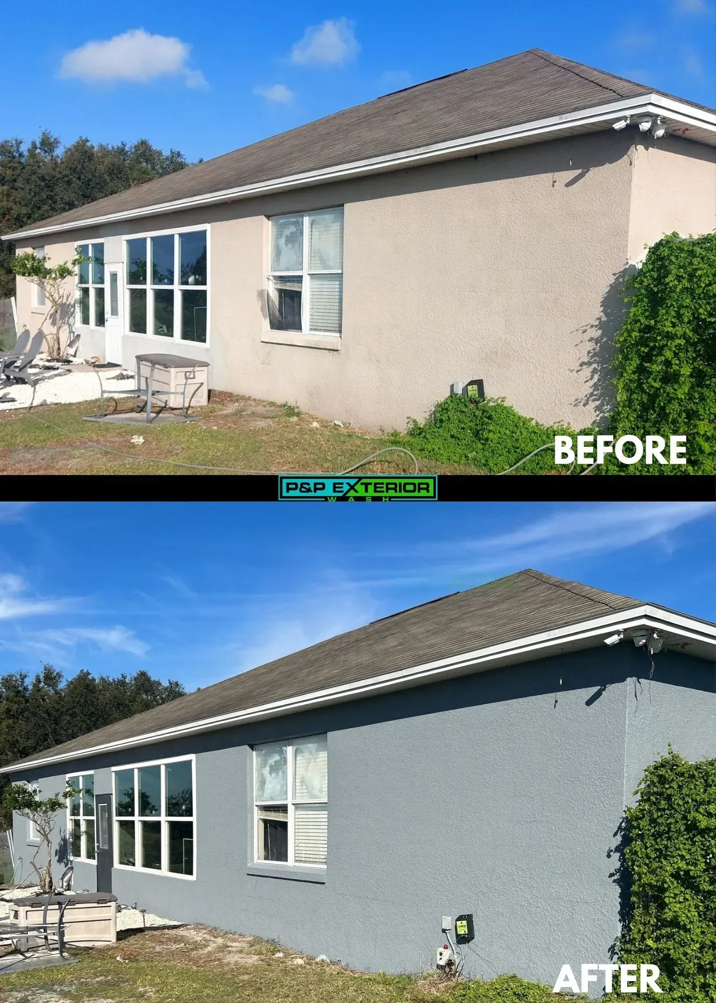 A before and after picture of a house painted grey