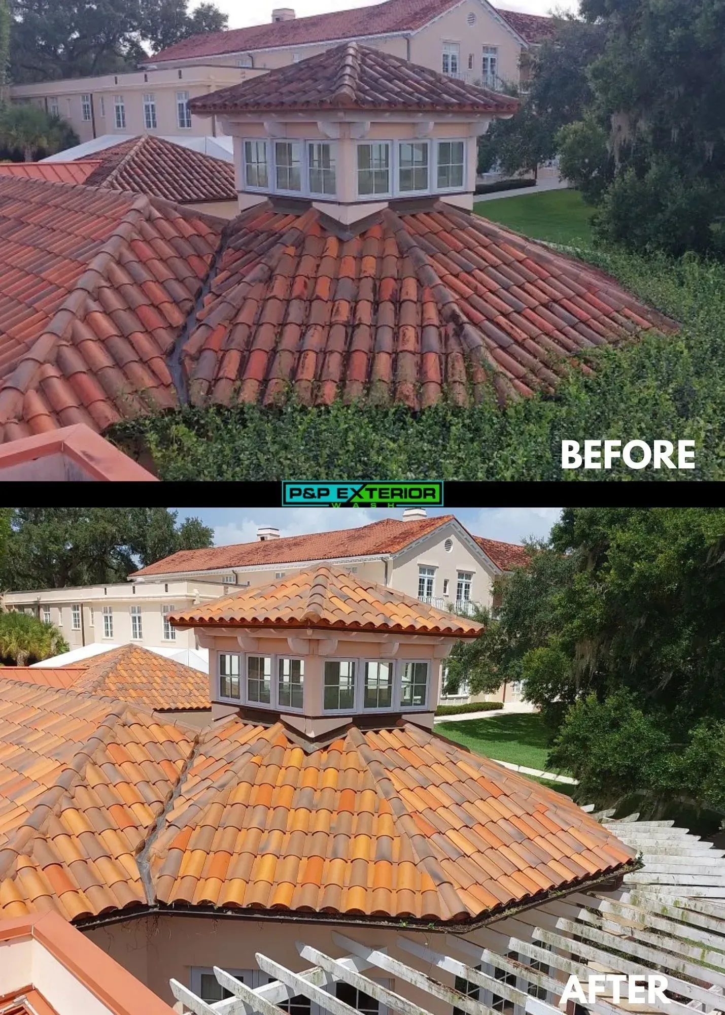 A before and after photo of a tiled roof