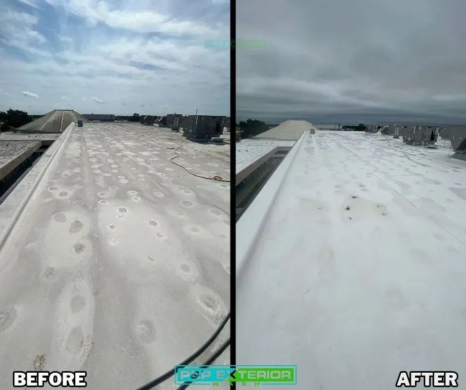 There is a before and after picture of a roof.