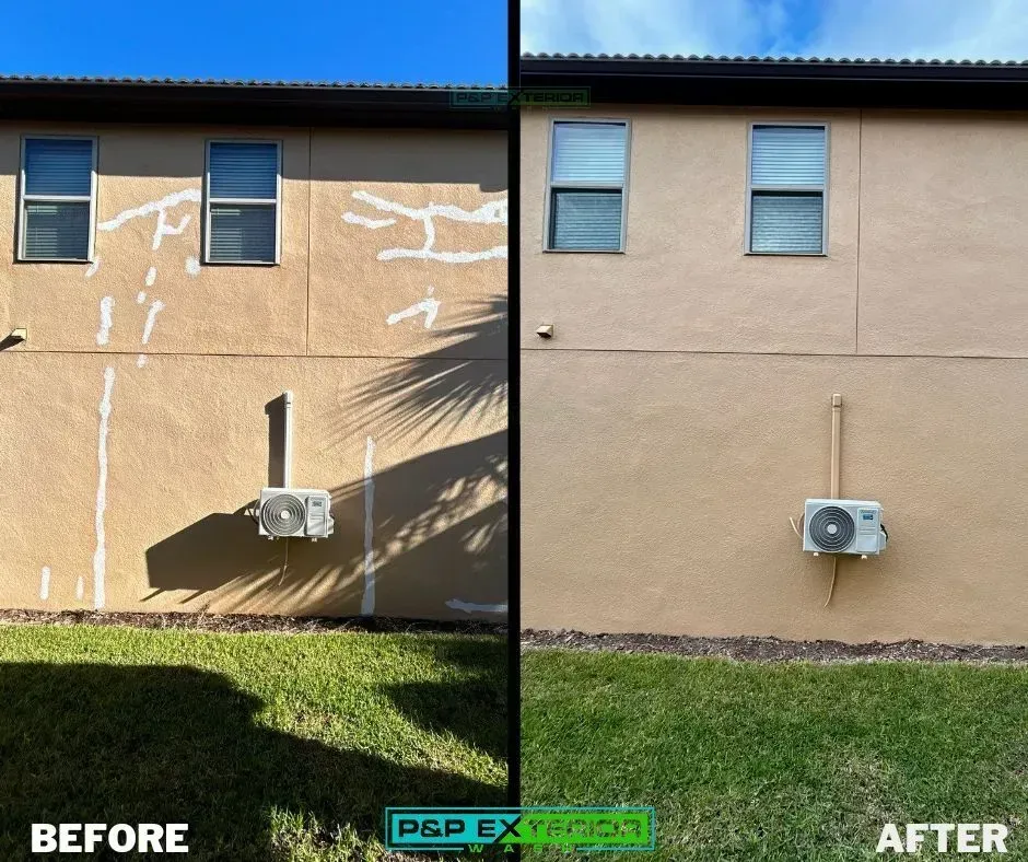 A before and after picture of a house with graffiti on it