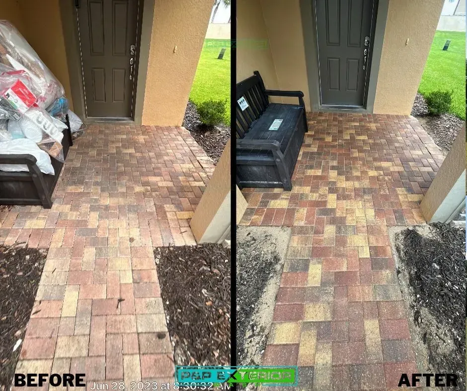 A before and after photo of a brick walkway