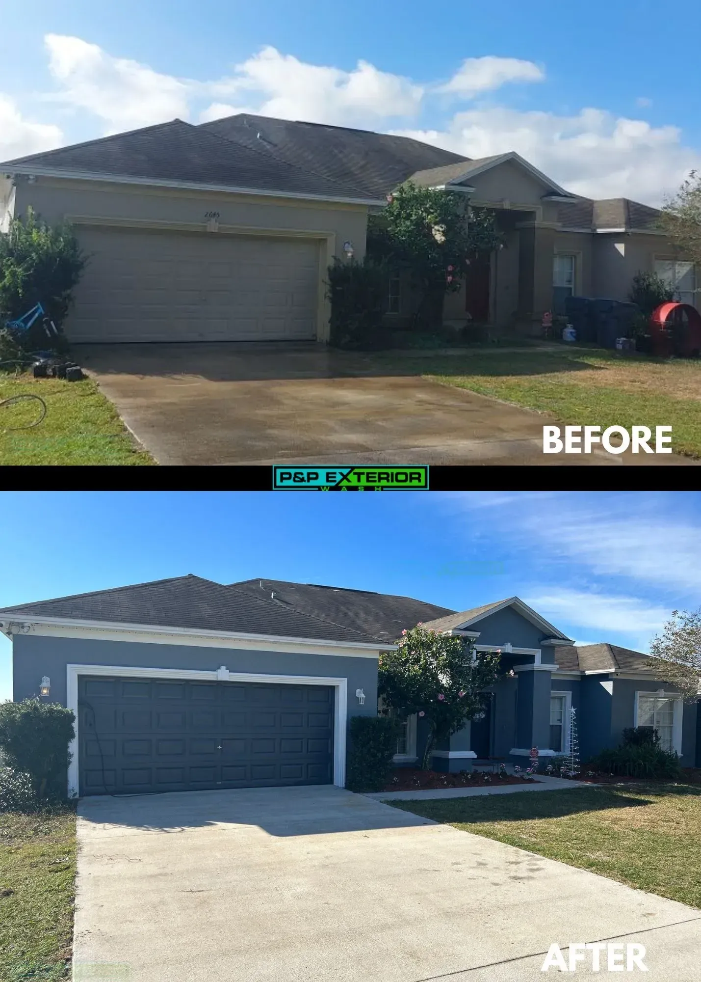 A before and after picture of a house with a garage.