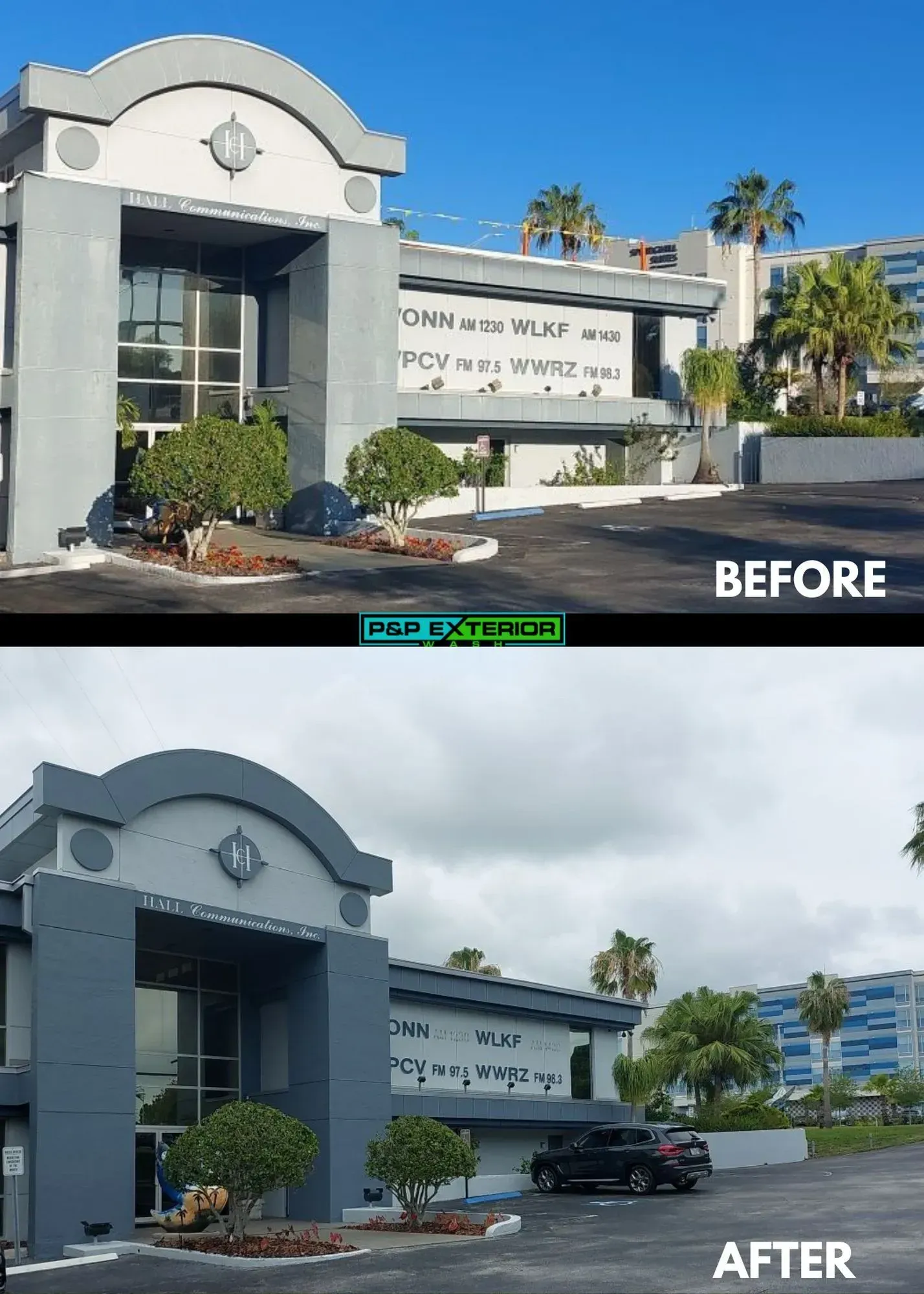 A before and after picture of a building with a car parked in front of it.