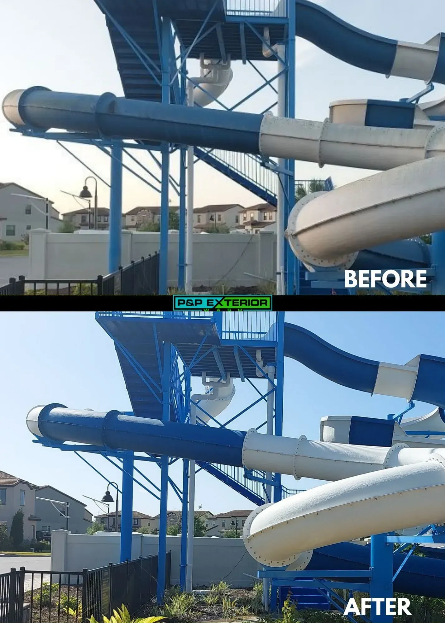 A before and after photo of a water slide at a water park.