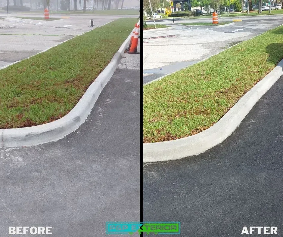 A before and after photo of a curb and grass