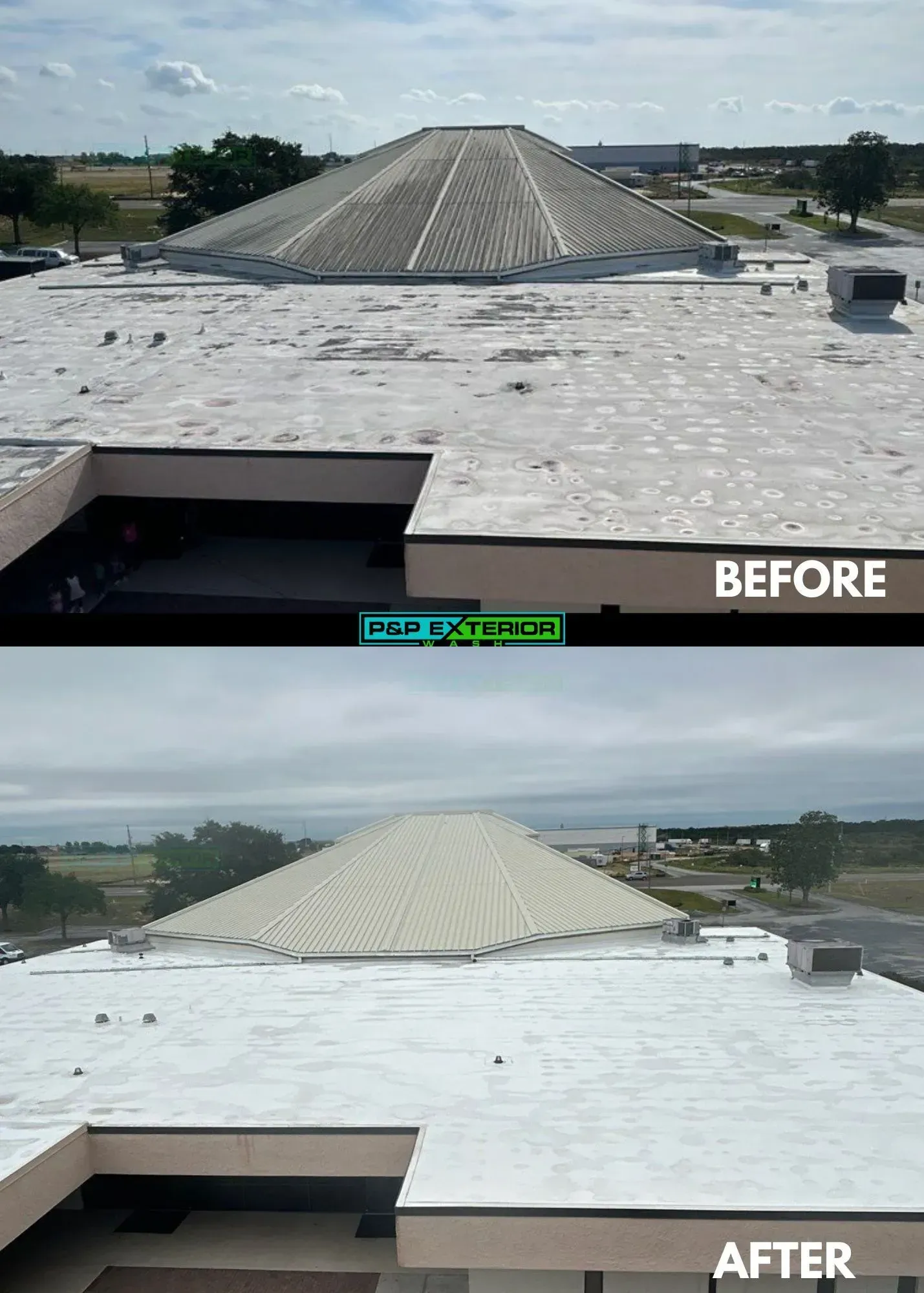 A before and after picture of a roof with a white roof.