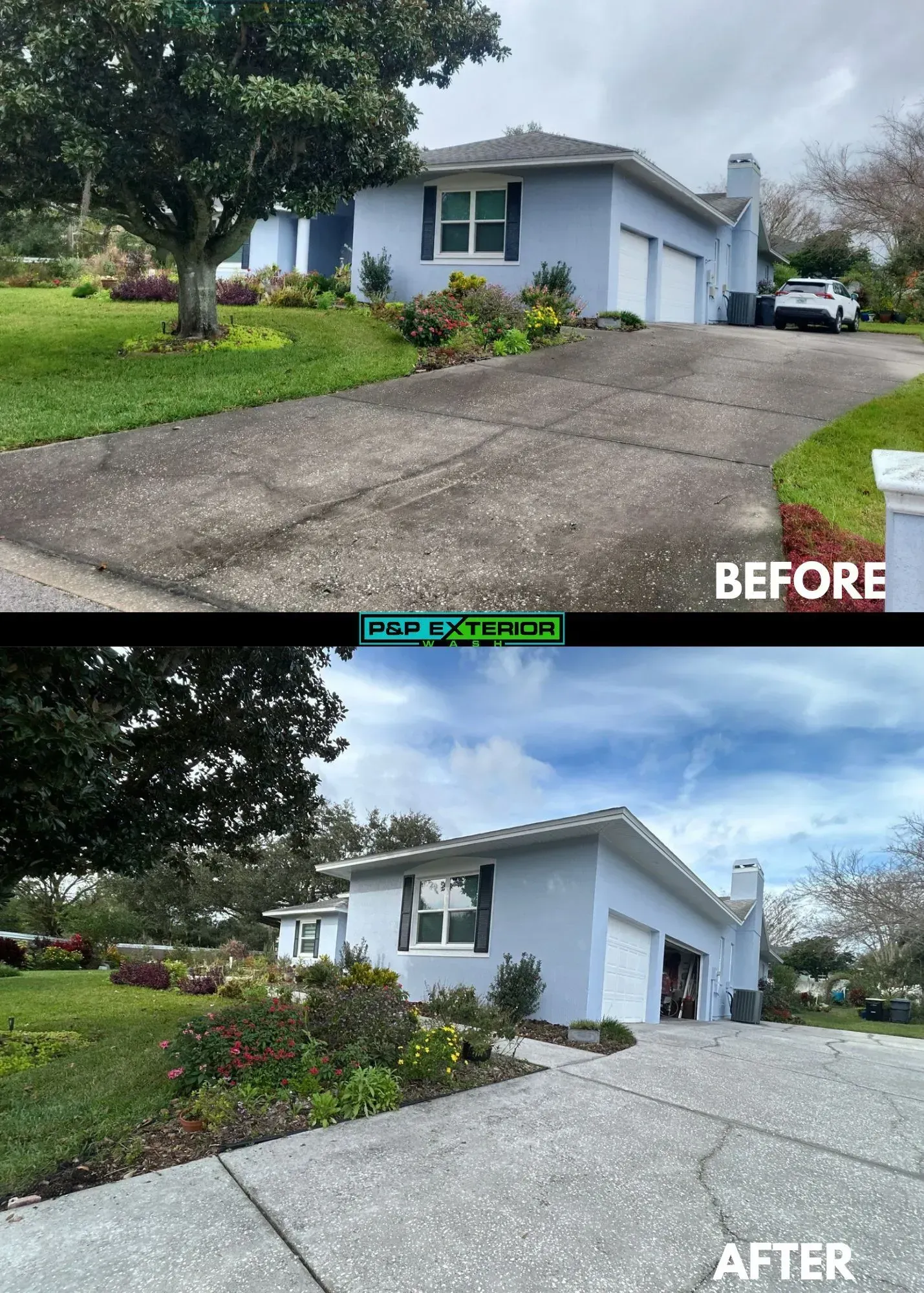 A before and after picture of a house with a driveway.