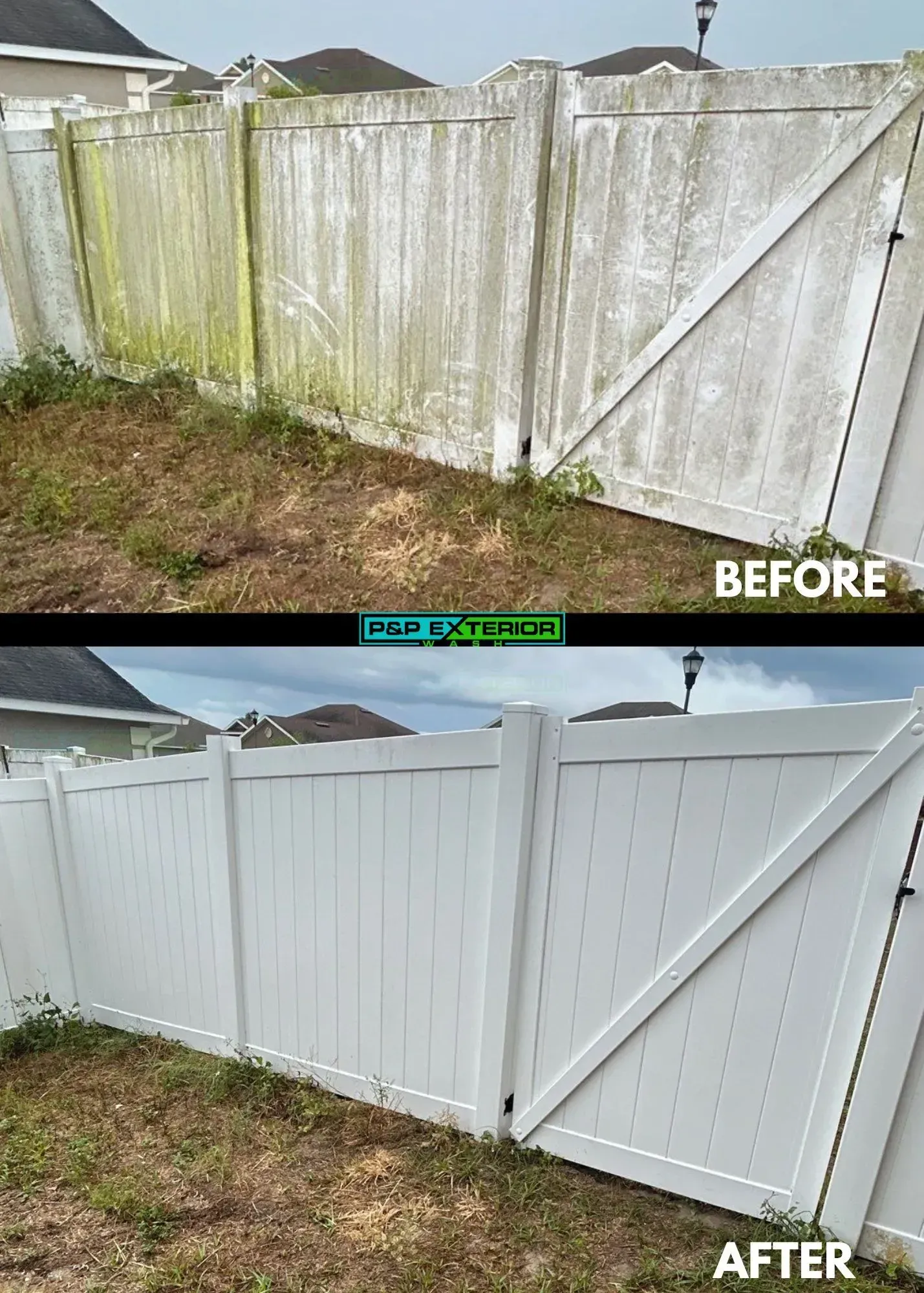 A before and after picture of a white fence with moss on it.