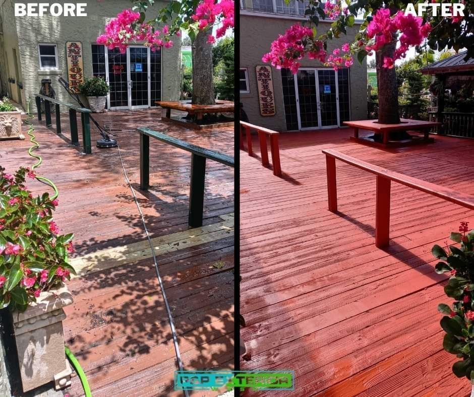 A before and after picture of a wooden deck.