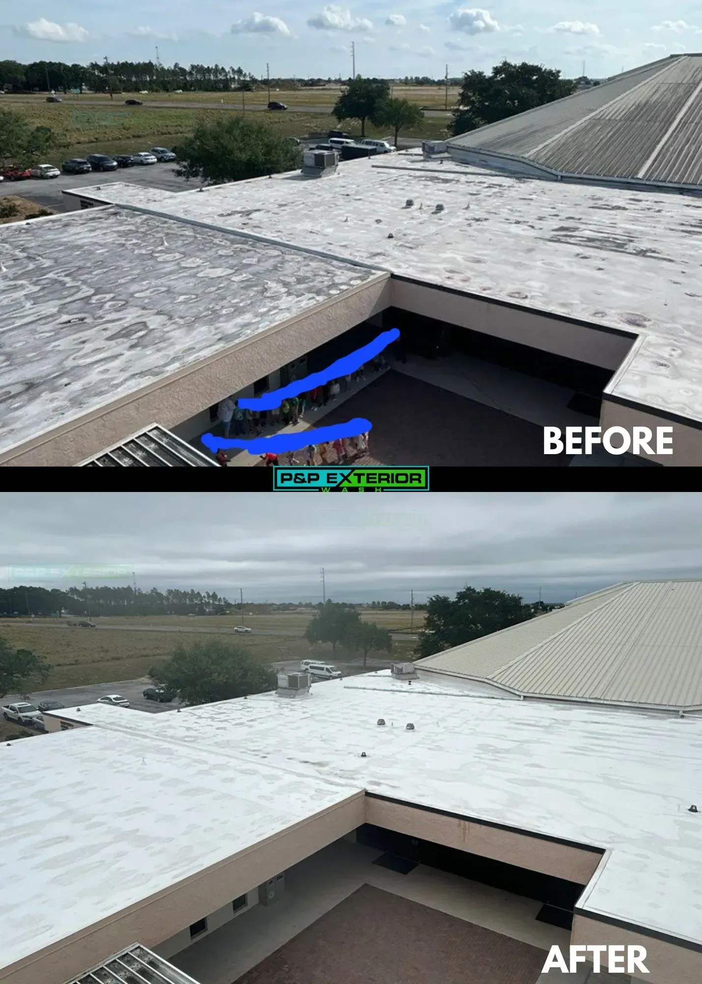 A before and after picture of a white roof on a building.