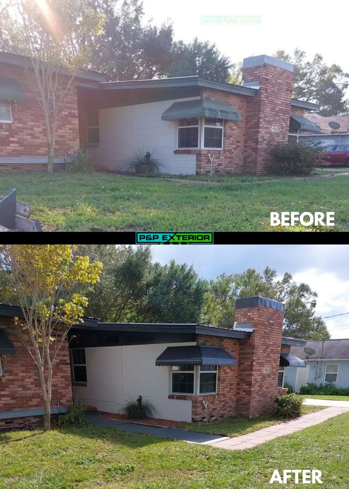 A before and after picture of a house with a brick chimney.
