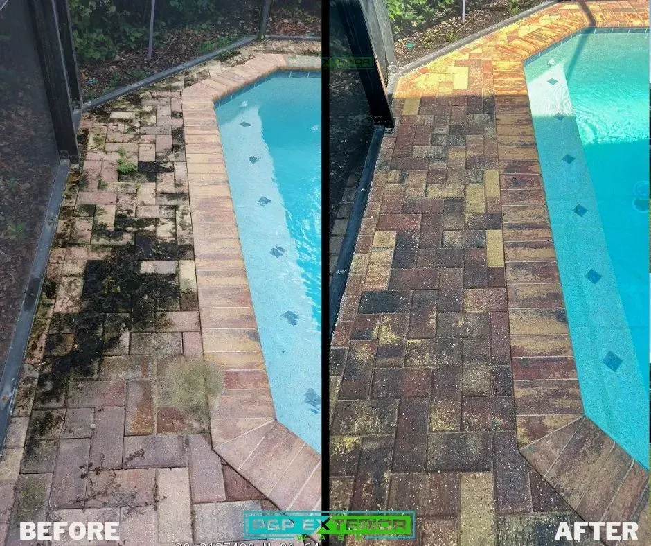 A before and after photo of a patio next to a pool