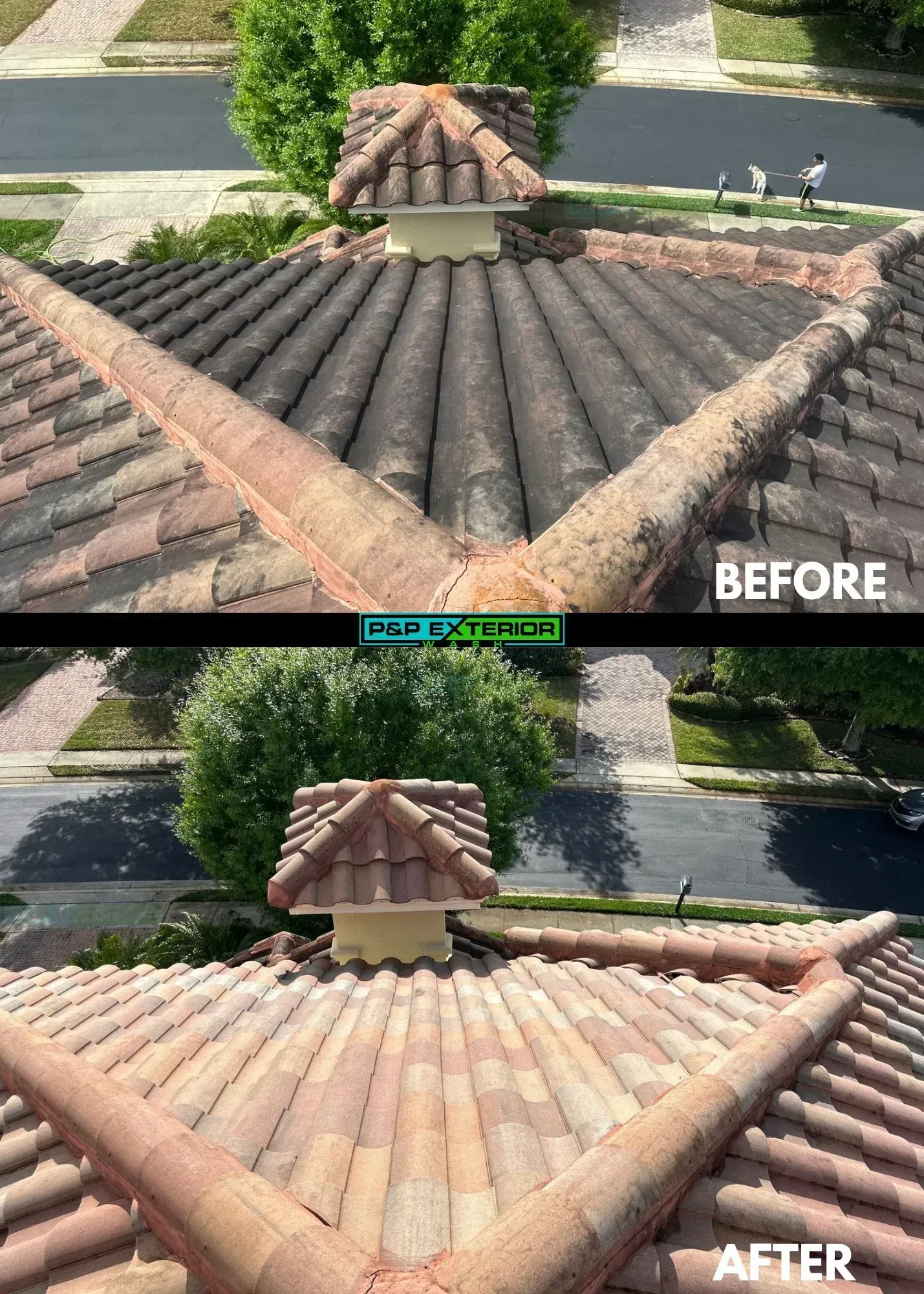 A before and after picture of a tile roof.
