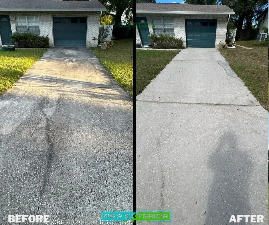 A before and after photo of a driveway in front of a house.