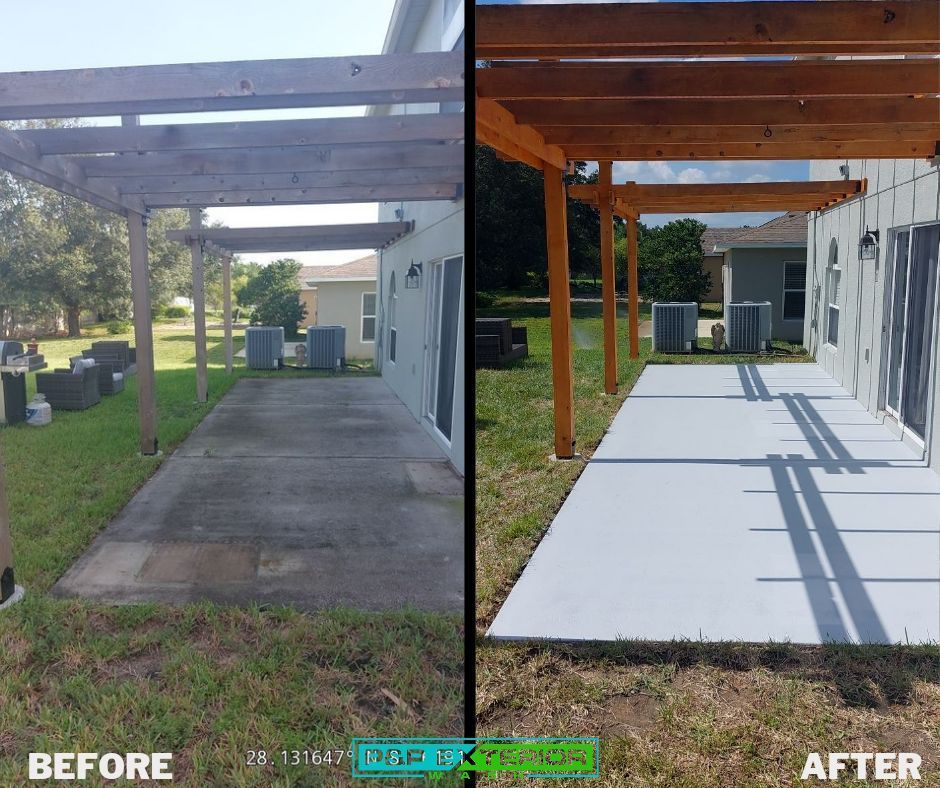 A before and after photo of a wooden fence with a chain link fence.
