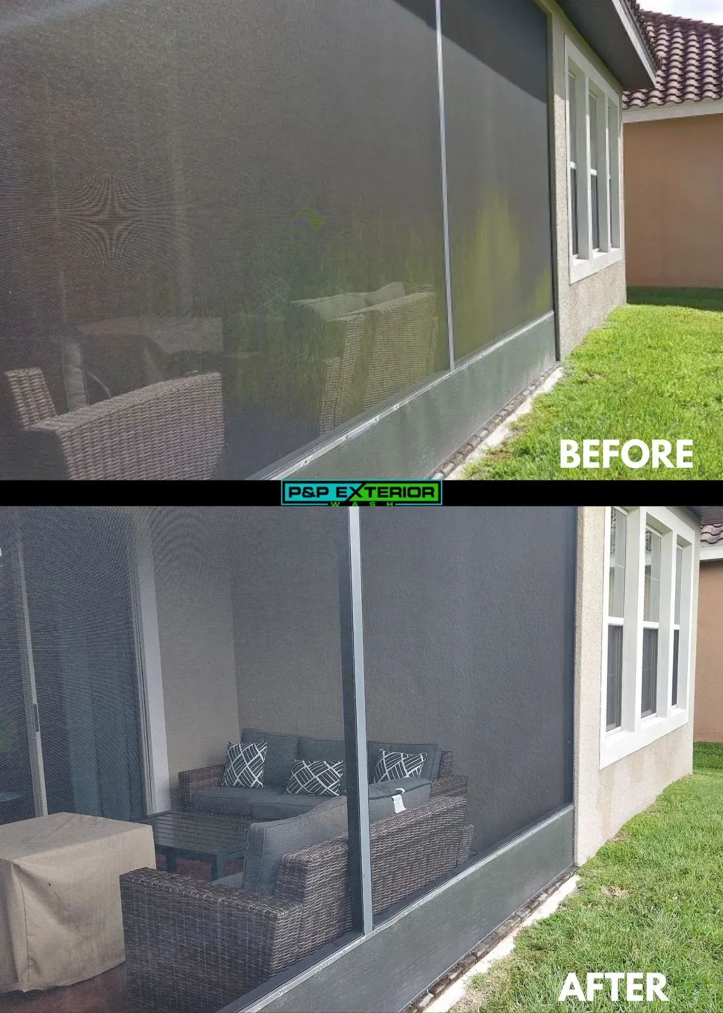 A before and after picture of a screened in porch.