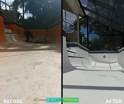 A before and after photo of a swimming pool being remodeled.
